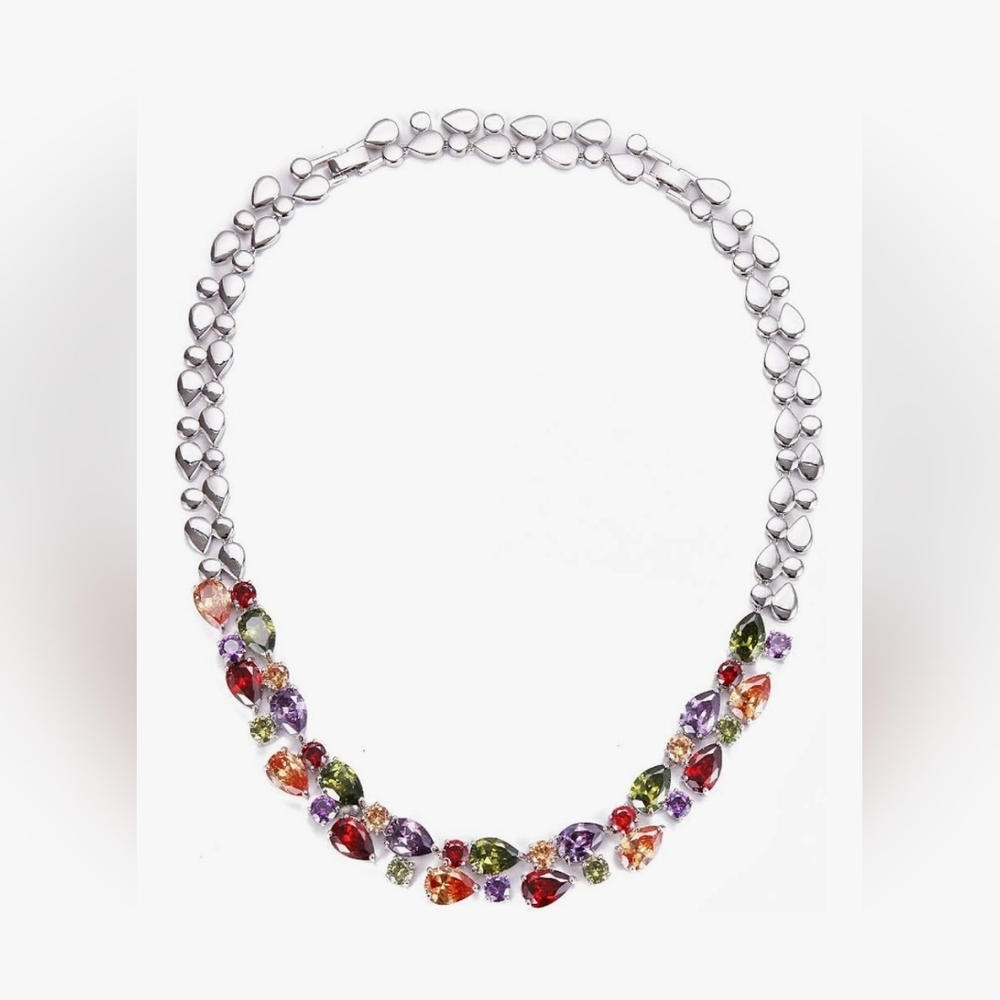 Double Layered Multi-Gemstone Silver Necklace - Adjustable Sizes